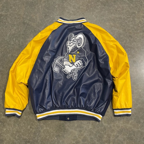 Vintage Steve & Barry’s Bomber Leather Jacket Navy Football College Men’s Sz XL - Picture 2 of 6